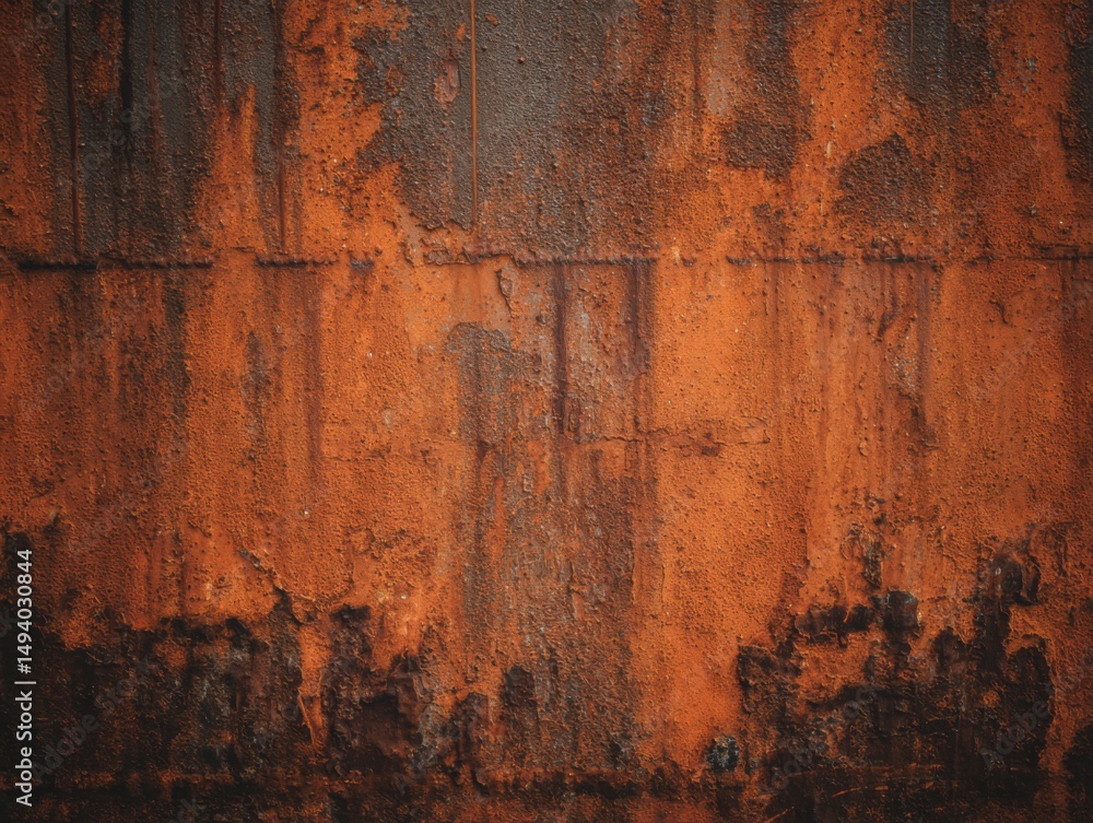 Poster close up of aged metal wall showing rust and corrosion in industrial setting with dark and orange to
