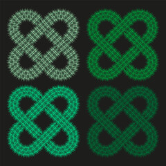 Interwoven knot symbol. Green vector element. Patterned loop design. Dark background icon.