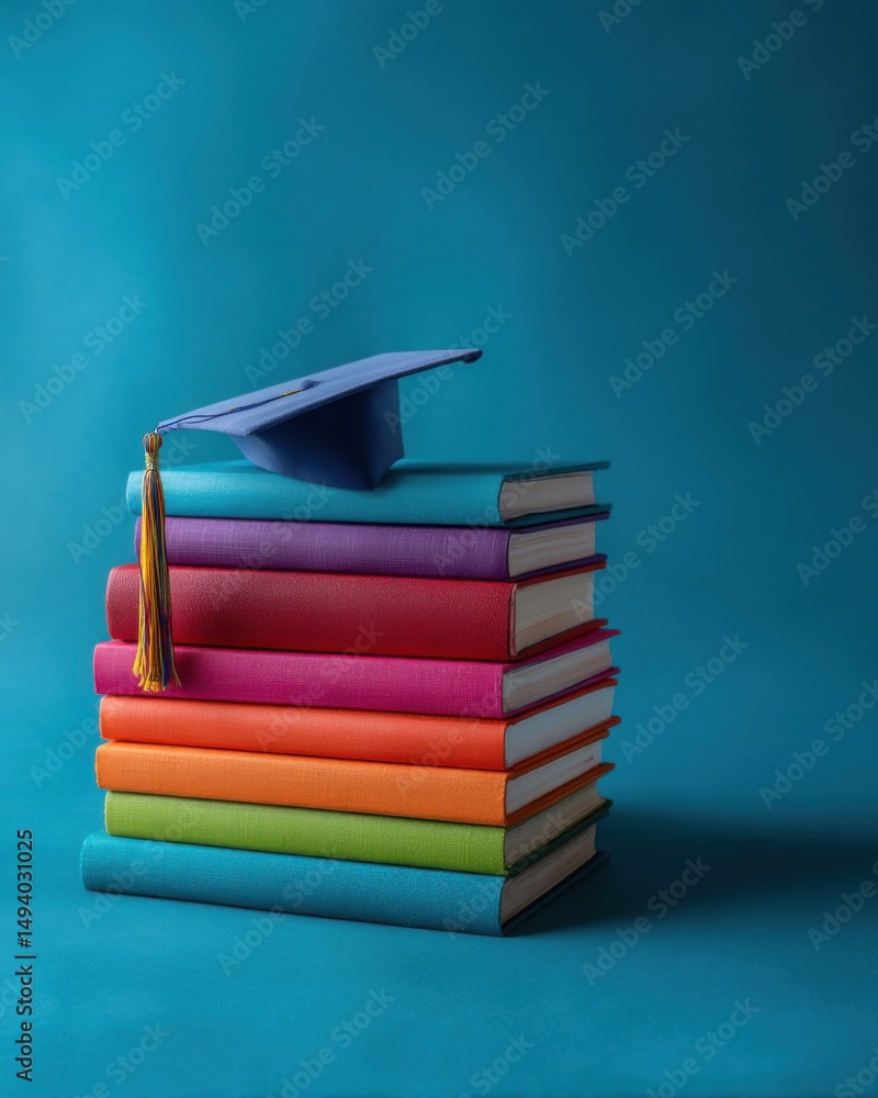 Aufkleber stack of colorful books with graduation cap on top studio shot on blue background concept of educati