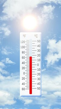 Concept of heat with visible temperature scale on a sunny background. Useful for climate stories, health warnings, or weather reports