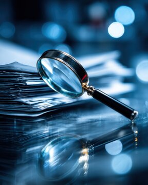 Magnifying Glass on Stack of Papers Close Up Abstract Still Life Investigation Research Analysis Audit Review