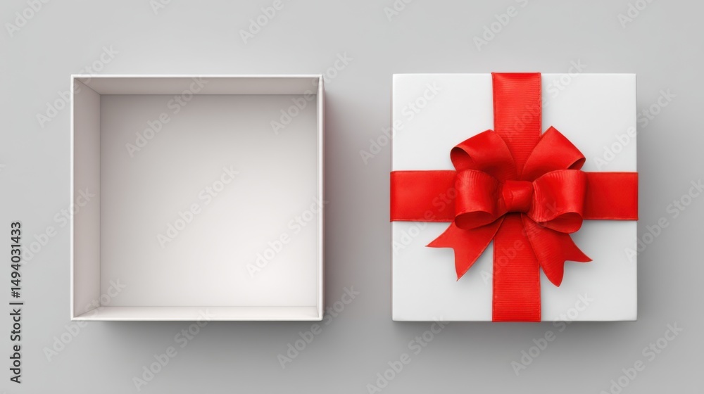 Poster top-down studio shot of open and closed white gift boxes with red ribbon on gray background represen