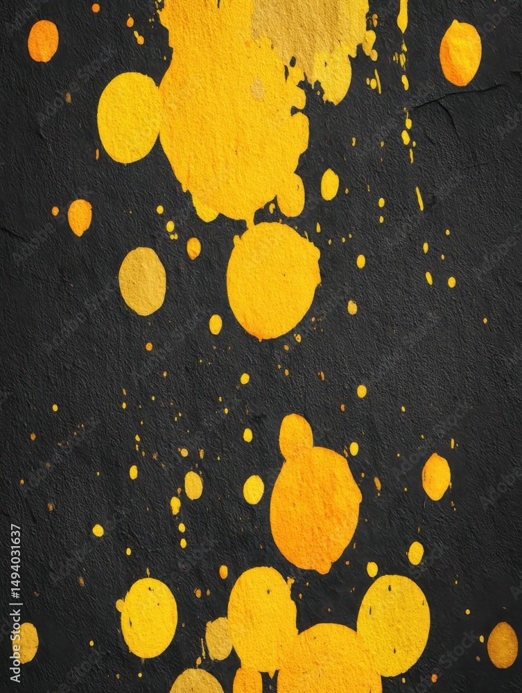 Poster abstract art of yellow paint splatter on black background, overhead view, artistic expression of col