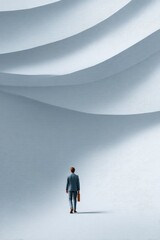 Businessman Walking Towards Abstract Blue Wave Wall: Minimalist Corporate Art