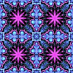 Arabesque pattern with bright neon flowers and leaves in a seamless pattern.