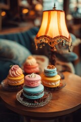 Macarons Dessert Still Life on Wooden Table with Vintage Lamp in Cafe Setting Eye Level
