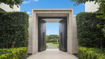 Luxury house entrance under a clear blue sky, showcasing elegance and tranquility in a serene outdoor setting.
