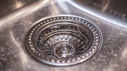 Obraz premium Stainless steel sink drain close up shot in kitchen environment for plumbing or cleaning concept