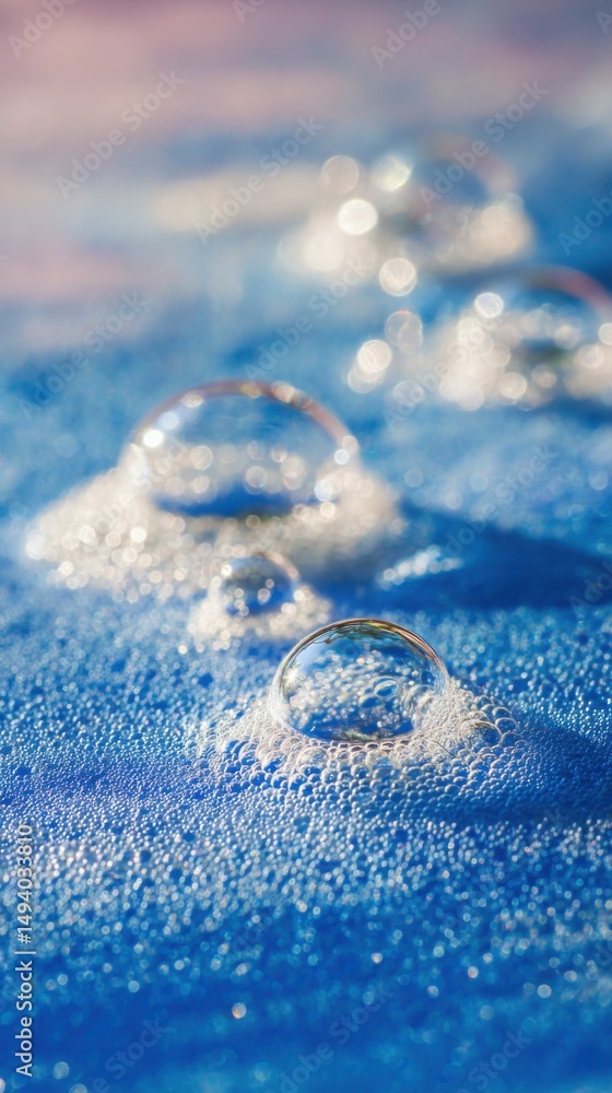 Poster macro close-up of water bubbles on a blue surface creating a sparkling and refreshing abstract textu