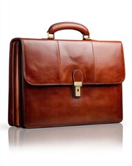 Brown leather briefcase standing upright studio shot business professional style executive accessory corporate