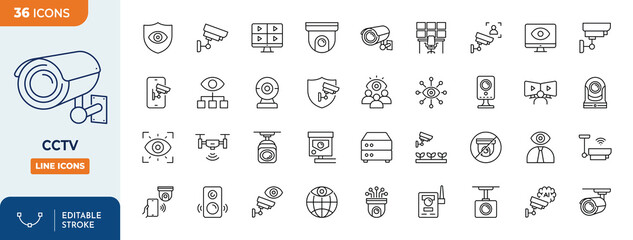 Security camera icon set. CCTV icon set. Contain icons related to cctv, surveillance, security camera, and more. Outline Icon Collection. Editable stroke. Vector illustration	