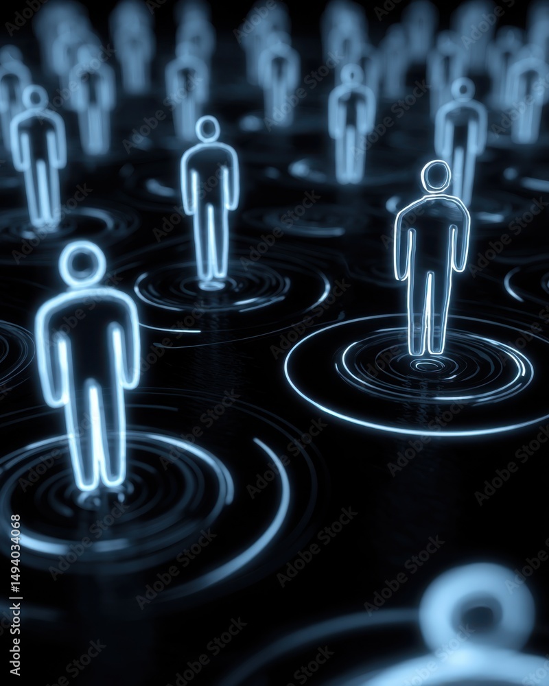 Poster glowing human figures standing in circles on a dark background abstract concept of connection and so