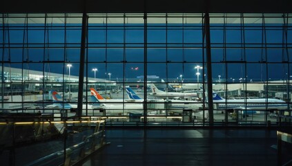 Large glass airport terminal interior with a nighttime view of multiple parked airplanes at illuminated gates, showcasing modern air travel, international flights, and global transportation hubs.