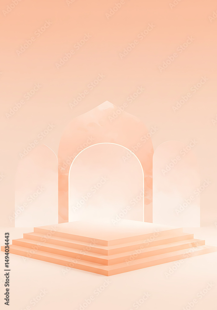Aufkleber minimalist peach-toned scene featuring a tiered platform and archways. ideal backdrop for showcasing