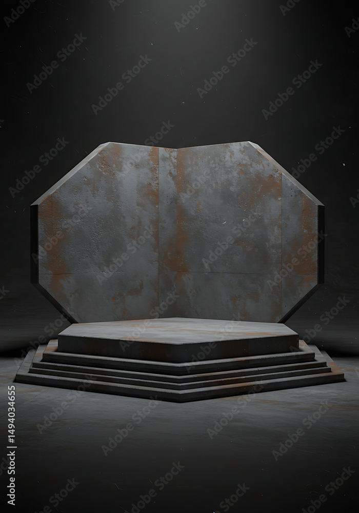 Poster A weathered platform and backdrop create a sense of timelessness and industrial strength. The geometric design and textured surfaces evoke a futuristic yet rustic feel.