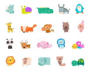 Cute cartoon animal character set in scandinavian style with charming forest and jungle creatures showing emotional poses for yours illustration and creative designs projects