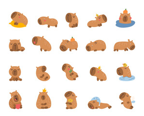 Capybara character scandinavian set with various charming poses including resting, sitting, sleeping, holding, floating, bathing and dreaming for yours illustration and creative designs projects