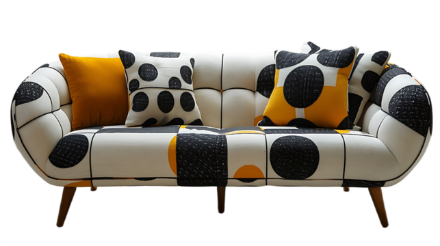 Modern decorative sofa with bold patterns isolated on transparent background