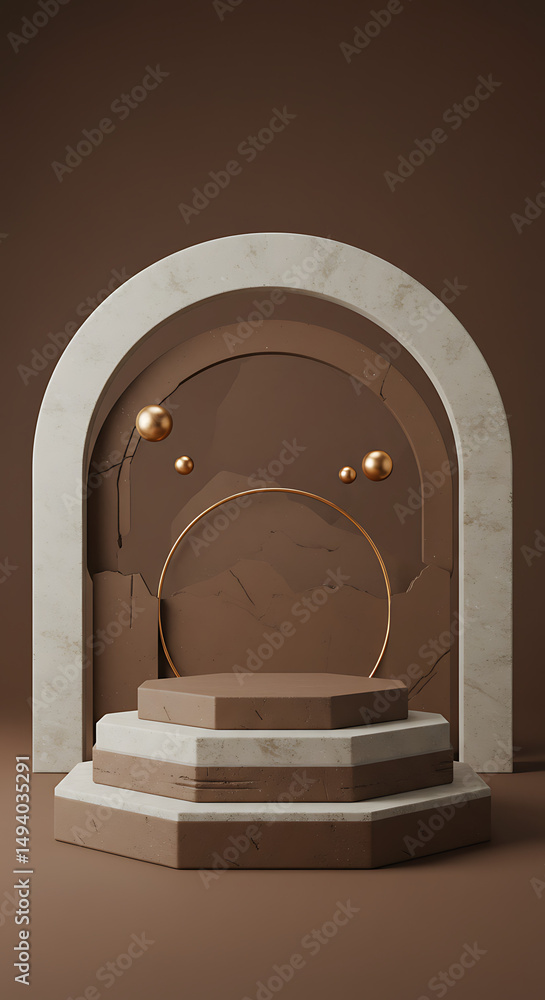 Poster minimalist product display with layered podium and archway. neutral tones create a sophisticated and