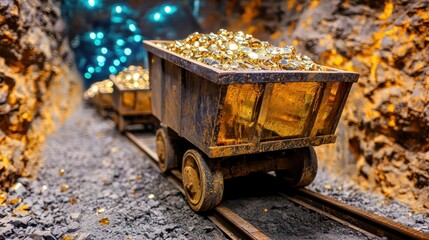 Mine carts laden with shimmering gold inside a dark tunnel