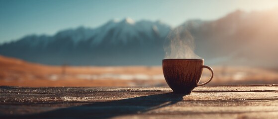 Steaming coffee cup on rustic wooden table with snow capped mountains in background scenic landscape morning light