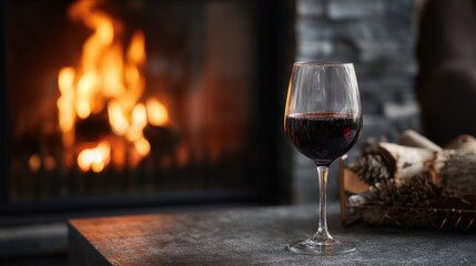 Close-up of Red Wine Glass in Front of Fireplace with Burning Fire and Firewood in Basket Relaxing Evening