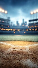 Low Angle View of Baseball Field Infield Dirt and Grass with Stadium Lights and City Skyline at Night
