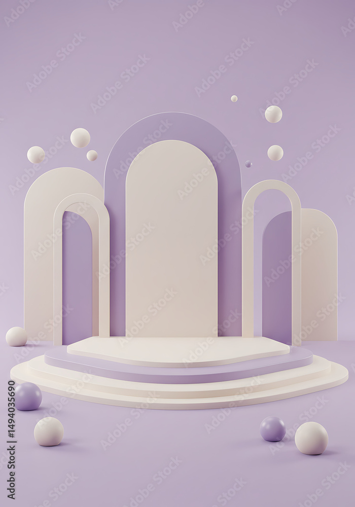 Poster minimalist lavender backdrop with tiered display platform and arched shapes. perfect for showcasing 