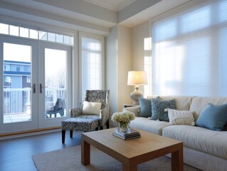 Cozy living room interior with stylish furniture and natural light from balcony doors and window blinds daytime