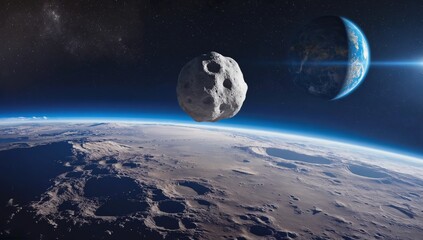 Large cratered asteroid, meteorite hovering above the moon rugged surface with Earth visible in the distance, representing cosmic phenomena, space science, and celestial exploration in deep space.
