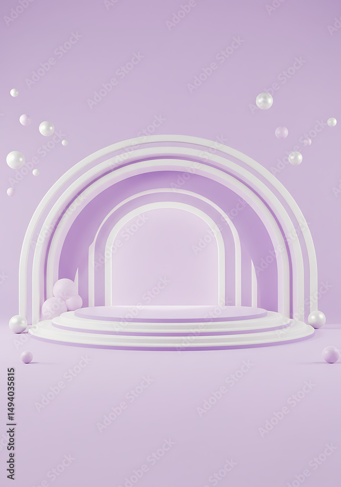 Poster minimalistic stage in a pale violet tone featuring an archway of nested semi-circles with alternatin