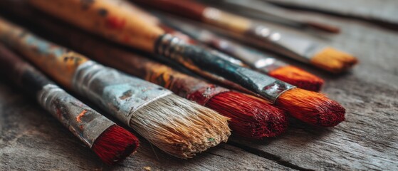 Fototapeta premium Row of Used Paintbrushes on Rustic Wood Surface Close Up Art Supplies Still Life
