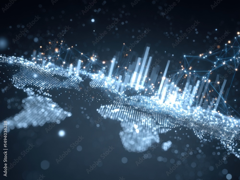 Poster digital world map with data visualization and network connections glowing in futuristic abstract sty