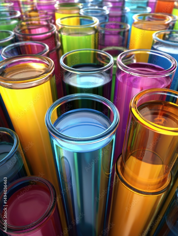 Poster close up of colorful test tubes filled with liquid in a laboratory setting science experiment resear