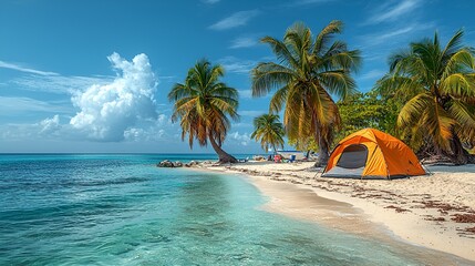 Naklejka premium Tropical beach camping scene with tent under palm trees.