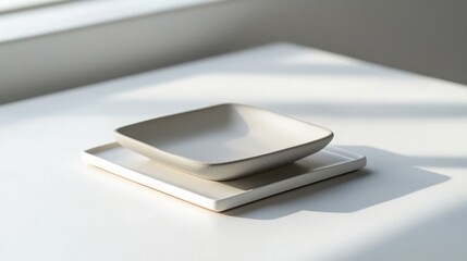 Square dishes bathed in sunlight