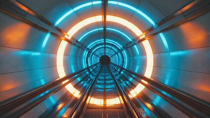 High-tech tunnel interior with glowing circular orange and blue LED lights, featuring a sleek metallic structure and rail lines, evoking a futuristic, sci-fi transportation or data corridor design.