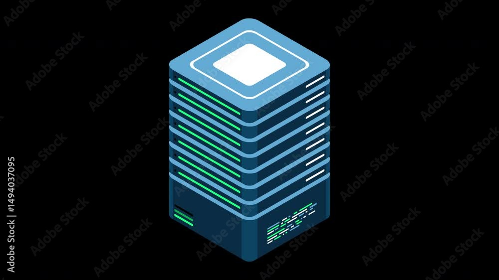 Poster isometric server animation. network server room. 3d computer equipment. storage database. isometric 