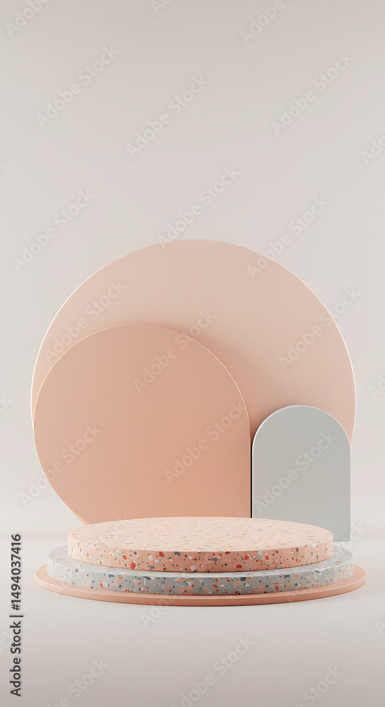 Poster minimalist product display: a simple yet elegant product display featuring a tiered platform with ge