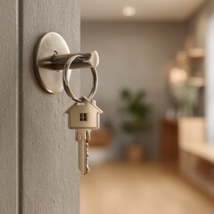 New home key hanging on open door in modern house interior close up shot real estate concept welcome