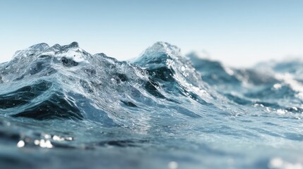Close-up view of ocean wave cresting and breaking in clear blue water on a sunny day, surface level perspective, abstract nature scene