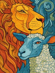 Lion and Lamb Artistic Illustration Close-Up: Symbolism of Strength and Gentleness, Religious Art, Colorful and Detailed