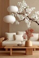 Minimalist Interior Scene with Sofa Cherry Blossoms and Paper Lanterns in Warm Tones a Serene Japandi Style Living Room