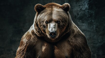 Fototapeta premium Close-up of a large brown bear with dense fur and intense expression, showing detailed facial features and powerful presence in a dark natural setting
