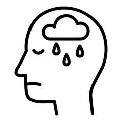 The head and rain icon in a line style symbolizes sadness. Stress icon in line style. Overthinking icon in line style. Mental illness icons