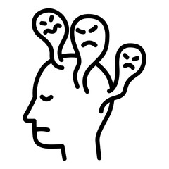 The head icon with a ghost popping out symbolizes worry about life problems in a line style. Stress icon in line style. Overthinking icon in line style. Mental illness icons