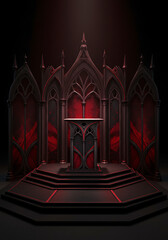Gothic Architectural Stage: An imposing, dark gothic stage with intricate details and a touch of red lighting creates an atmosphere of mystery and elegance, Perfect for a dramatic performance.