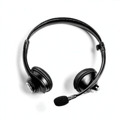 Black headset with microphone isolated on white background studio shot top view for communication or work from home