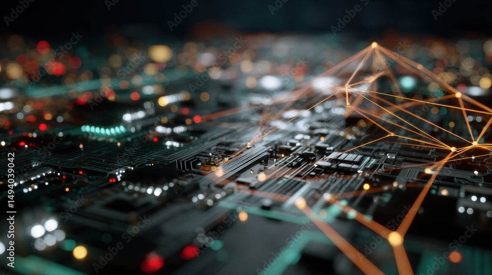 Poster abstract circuit board network connecting nodes high angle shot for technology and data concepts