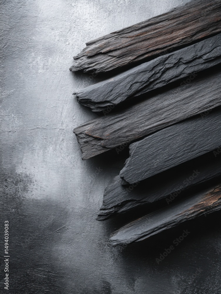Poster rustic slate pieces arranged diagonally on textured gray backdrop studio shot for backgrounds or des